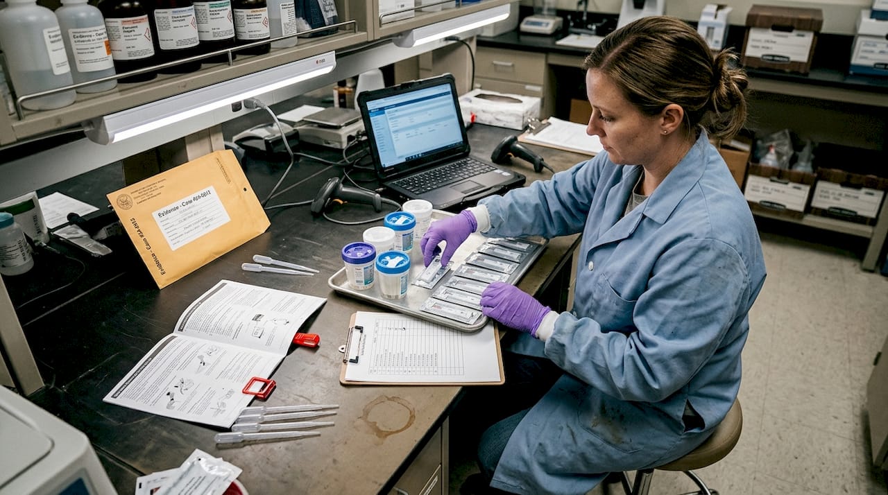 Technician prepping drug testing equipment