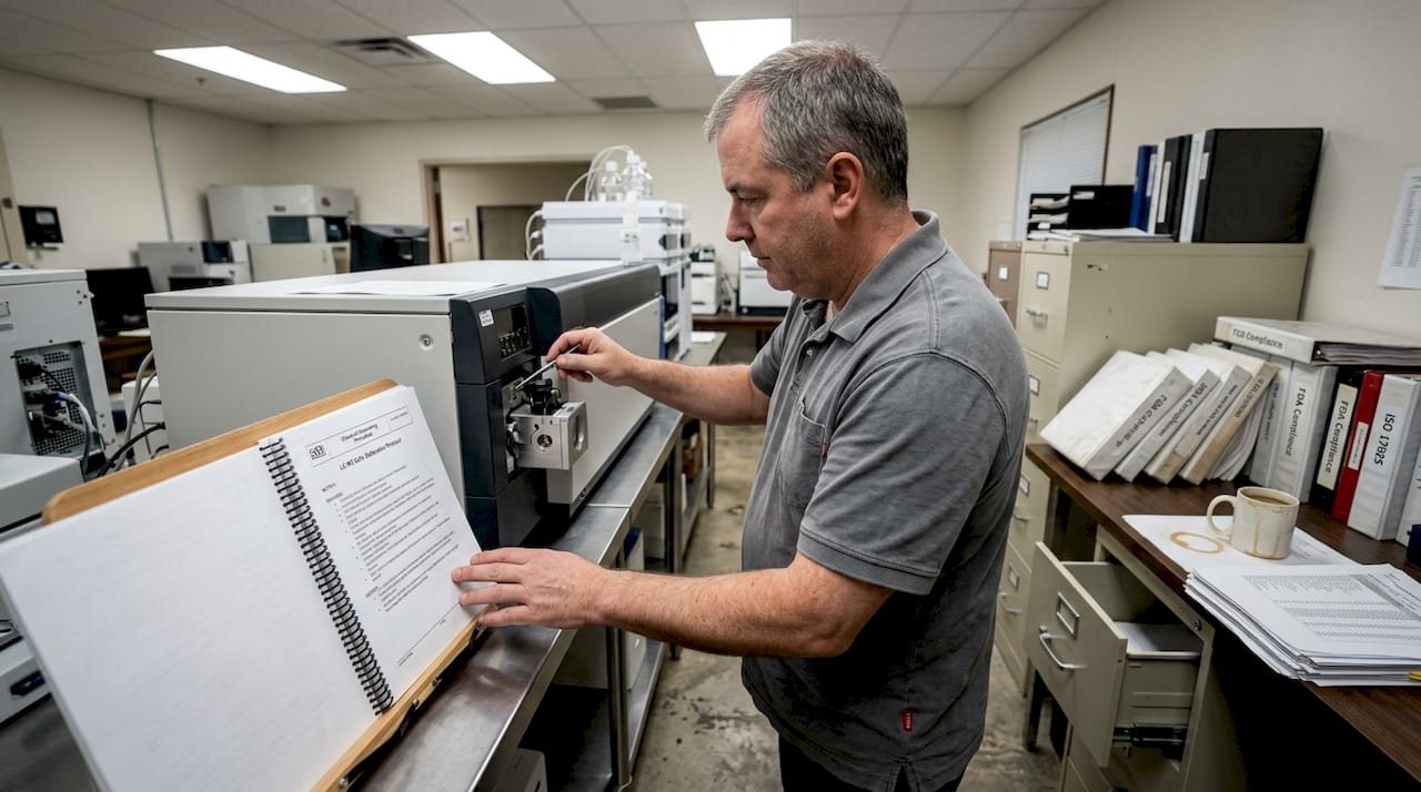 Lab manager calibrating instrument with SOP manual