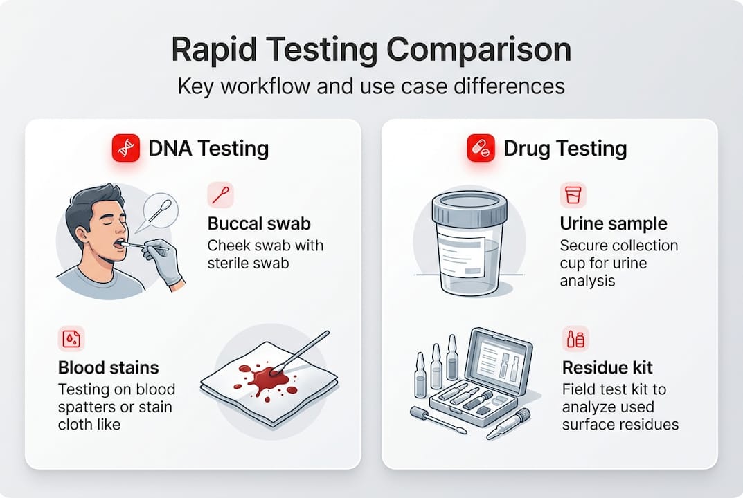 Infographic comparing DNA and drug test workflows