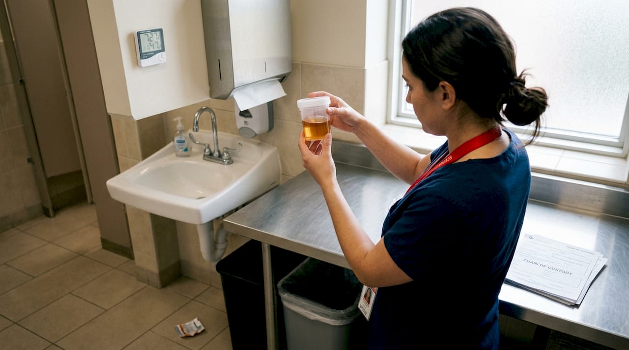 Collector visually inspecting urine specimen cup
