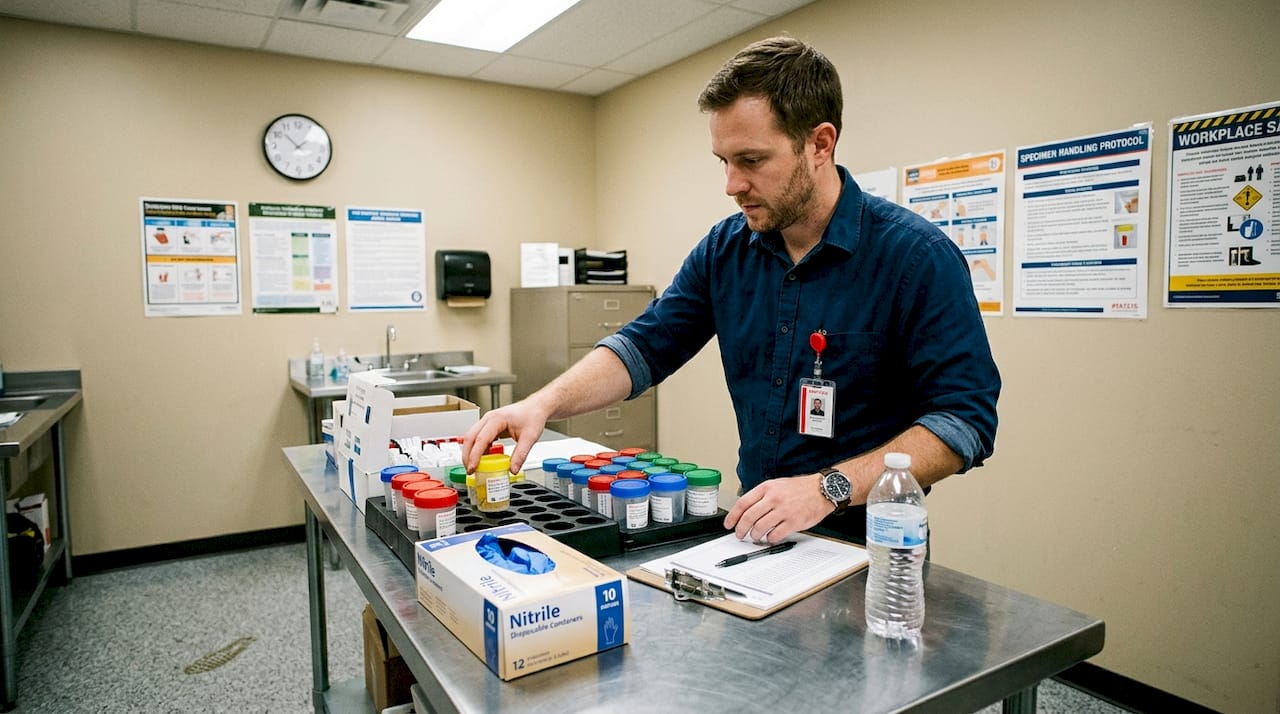Employee sorting drug test specimen containers