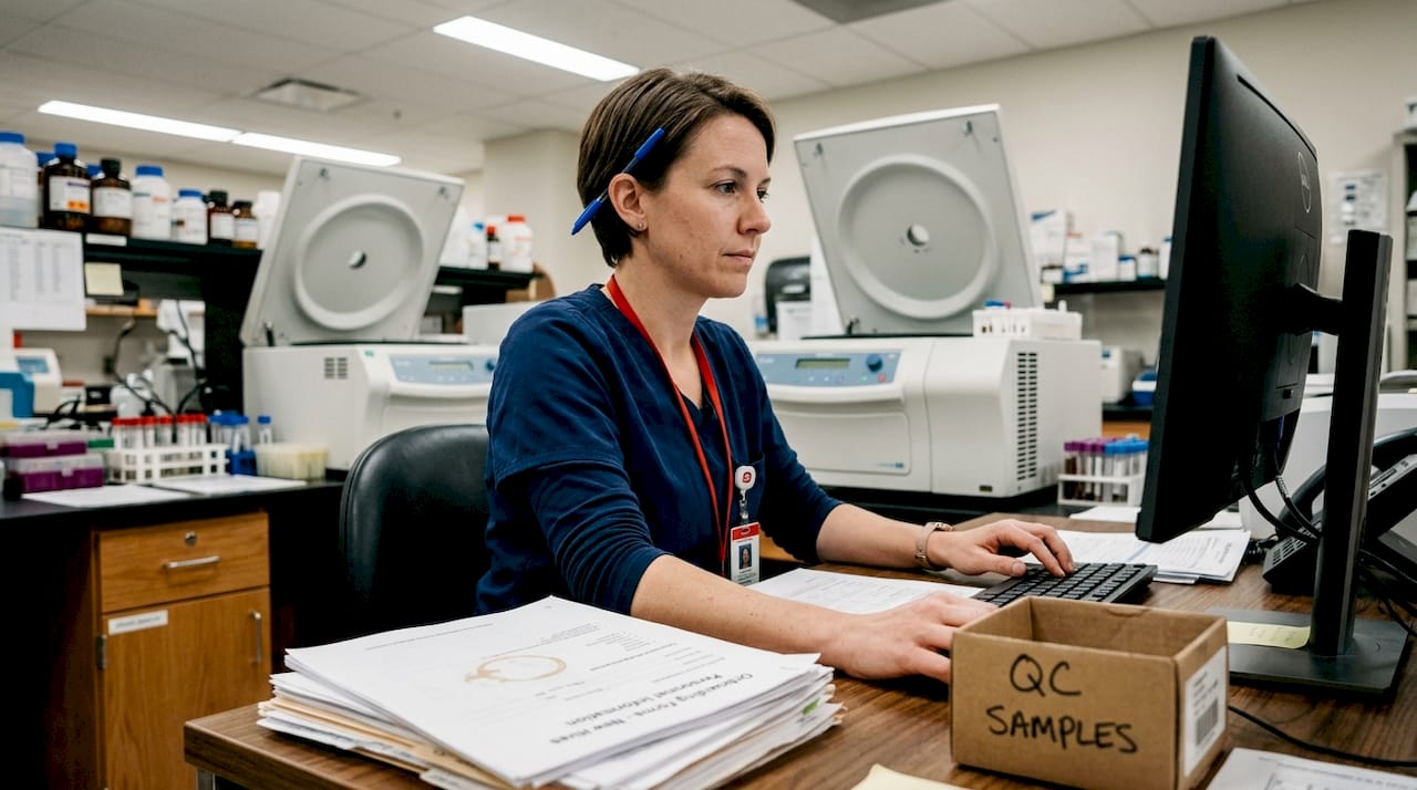 Lab technician preparing CLIA compliance files