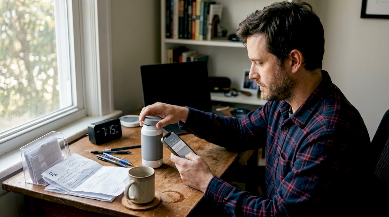 Person using smart pill bottle for compliance
