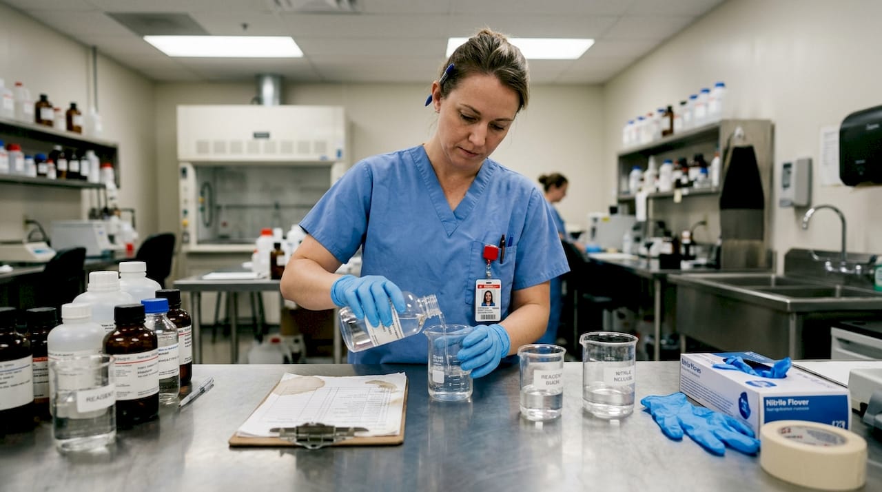 Technician measures chemicals for urine solution