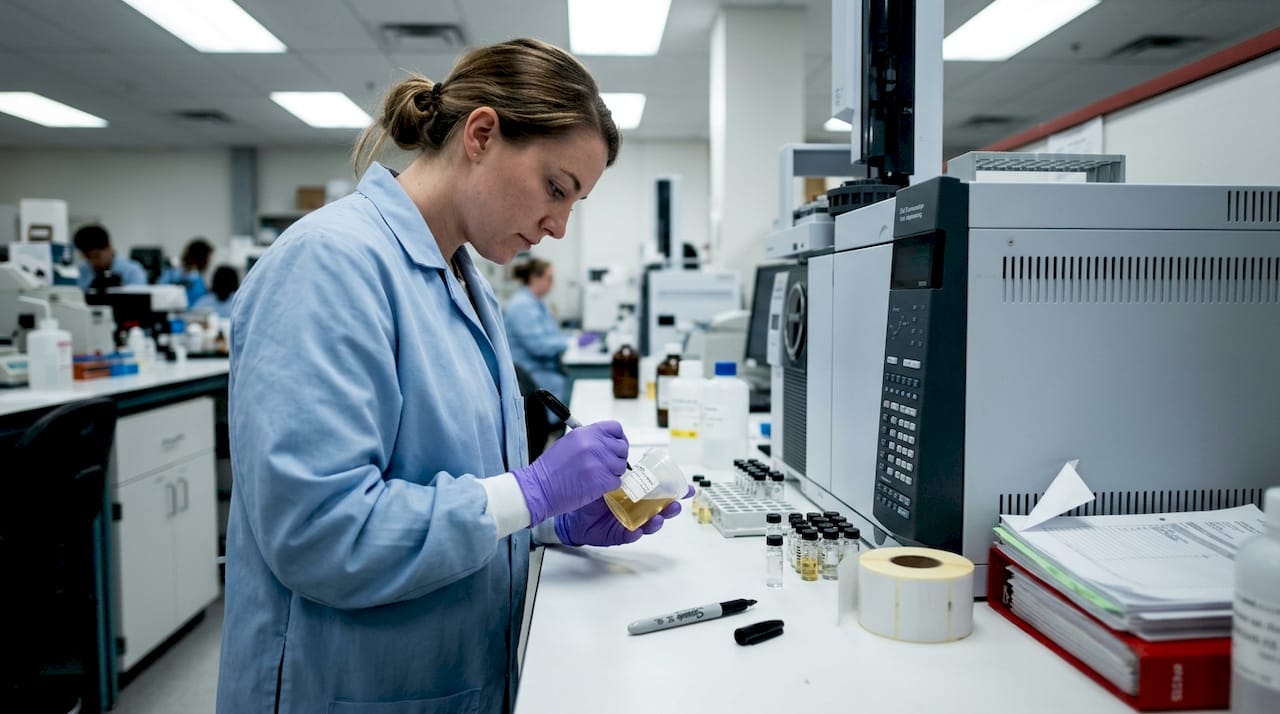 Lab technician labeling drug test sample in lab