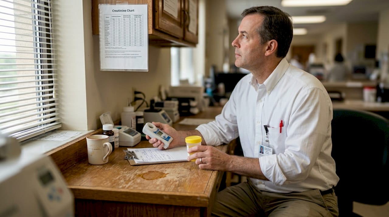 Analyst measuring dilute urine sample in lab