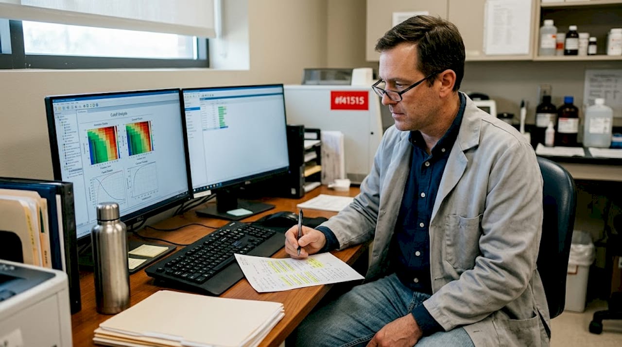Scientist reviewing immunoassay test accuracy chart