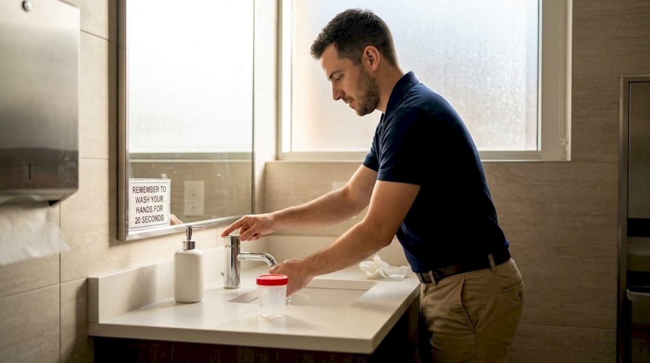 Nurse collecting random urine sample in clinic