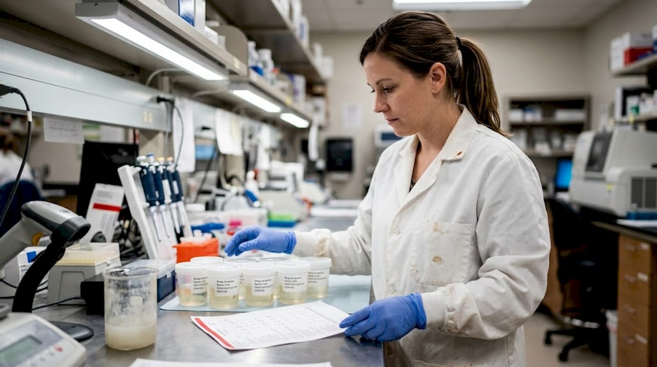 Lab technician reviews drug screening results