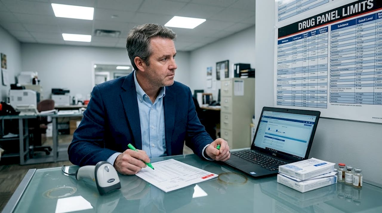 Quality manager double-checks drug test report at desk