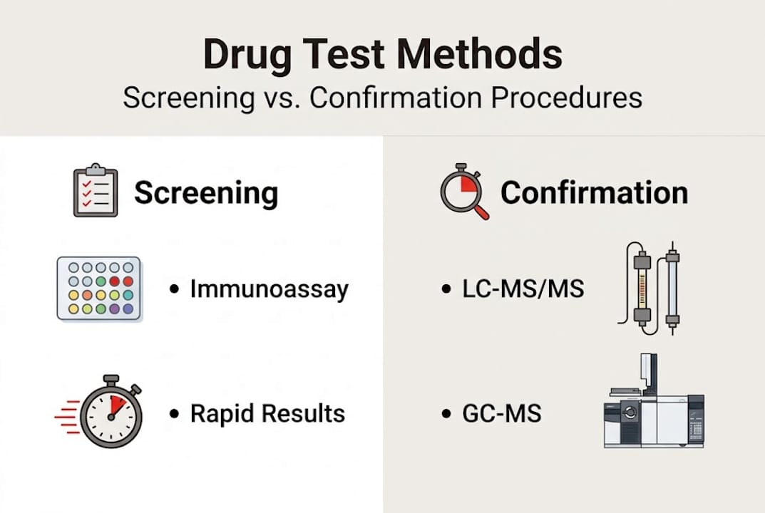 Infographic showing drug screening and confirmation methods