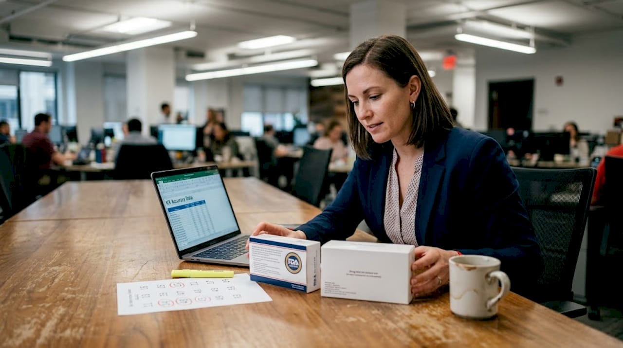Manager comparing drug test kits side by side