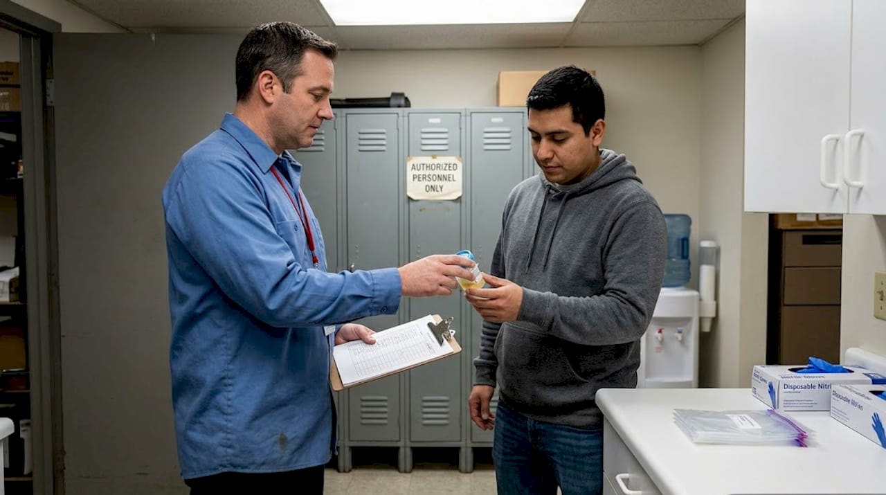 Supervisor handing drug test cup to employee