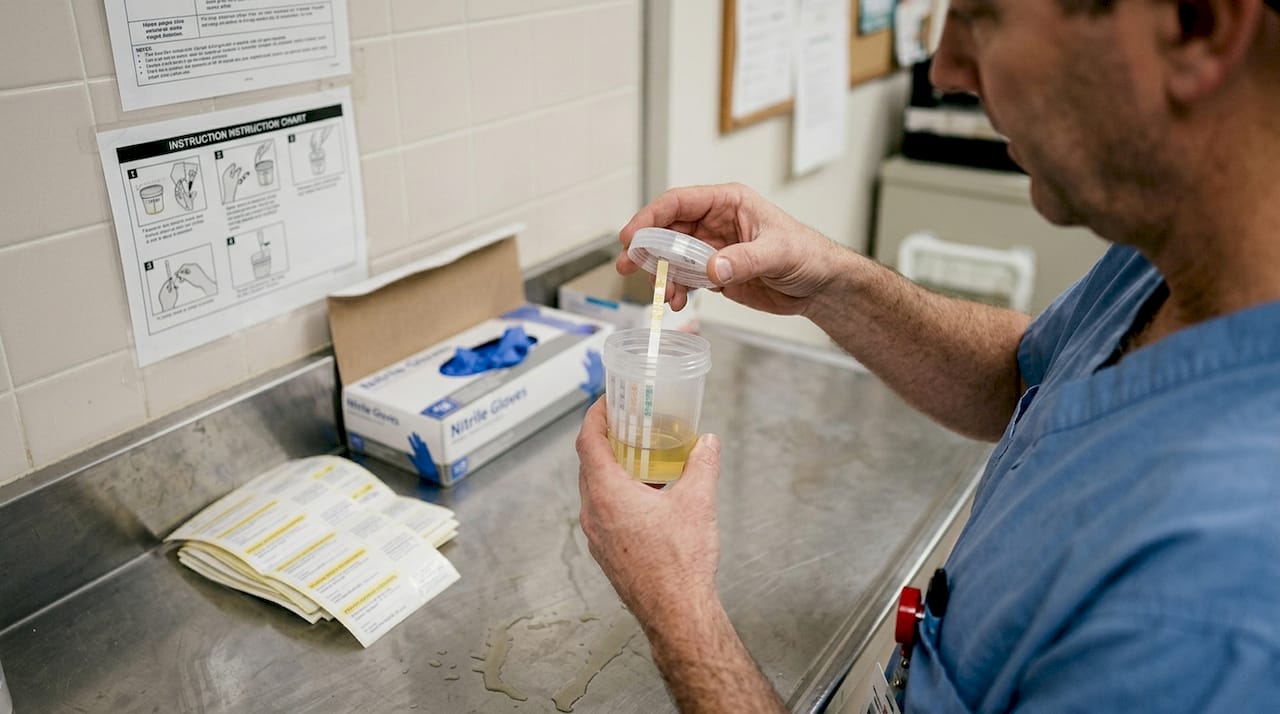 Nurse comparing drug test cup and dip card