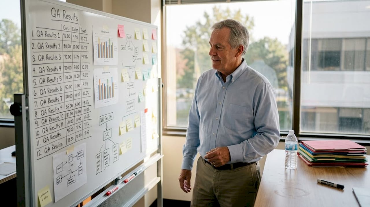 Supervisor reviewing handwritten QA results