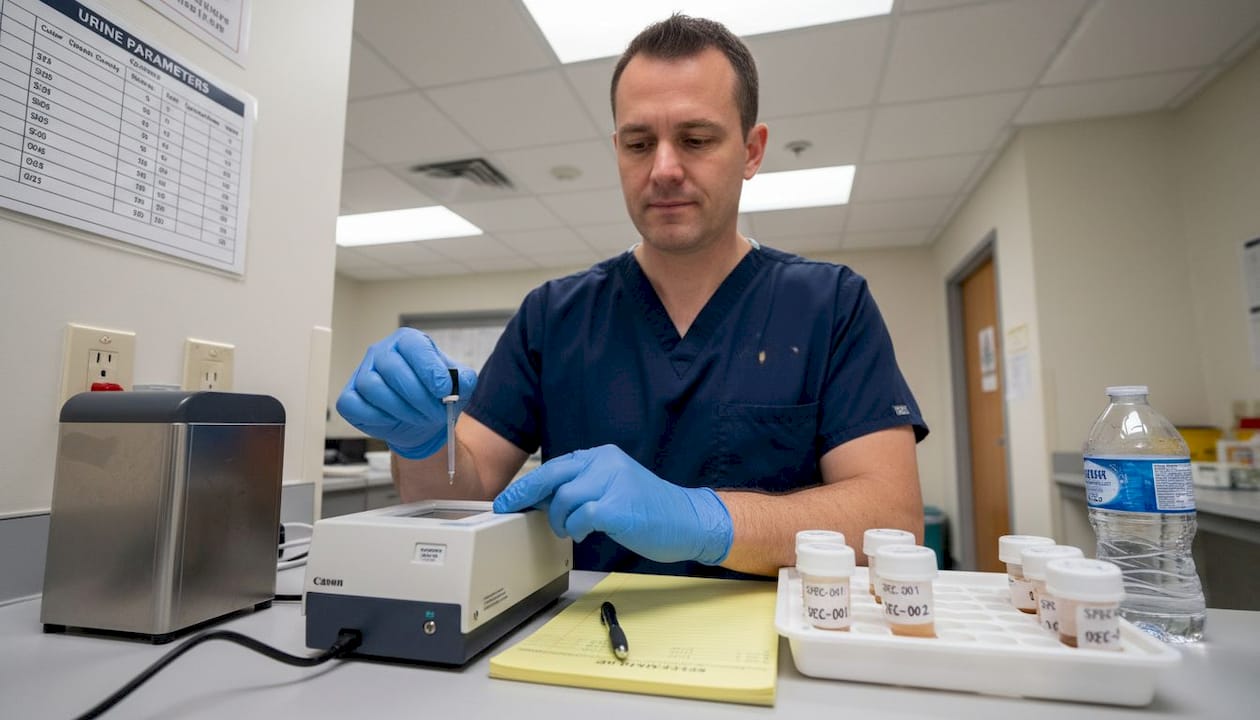Technologist checking urine specific gravity with refractometer