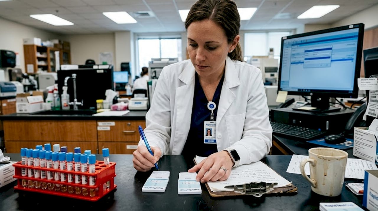 Technician analyzing urine test in laboratory