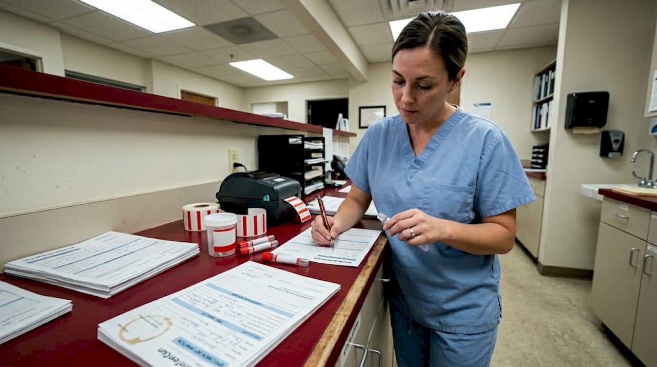 Staff labeling specimen tubes and paperwork