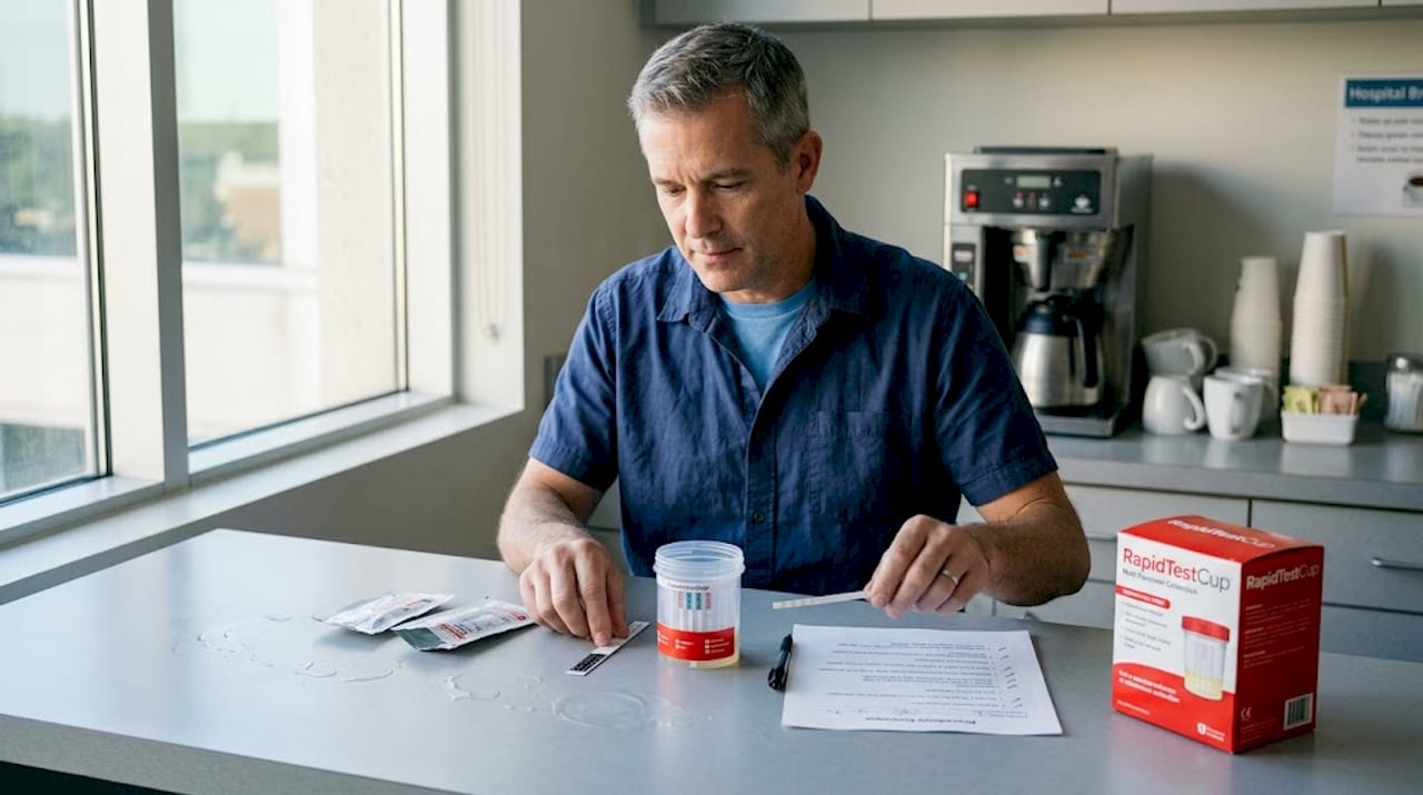 Worker organizing urine test accessories sequence