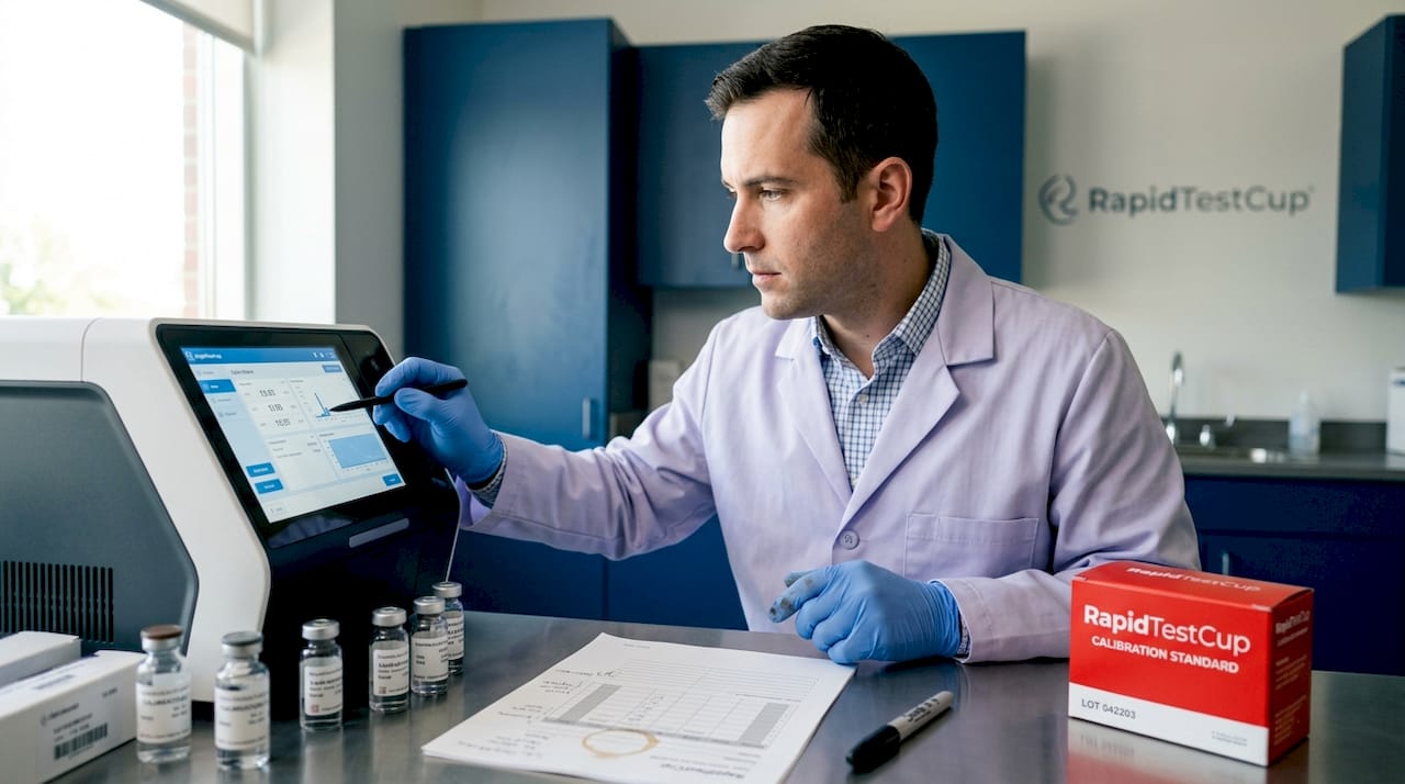 Scientist calibrating chemistry analyzer in hospital lab