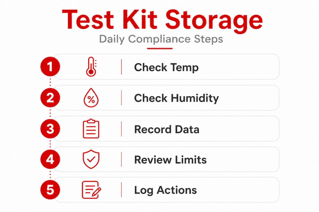 Infographic with five key daily test kit storage steps