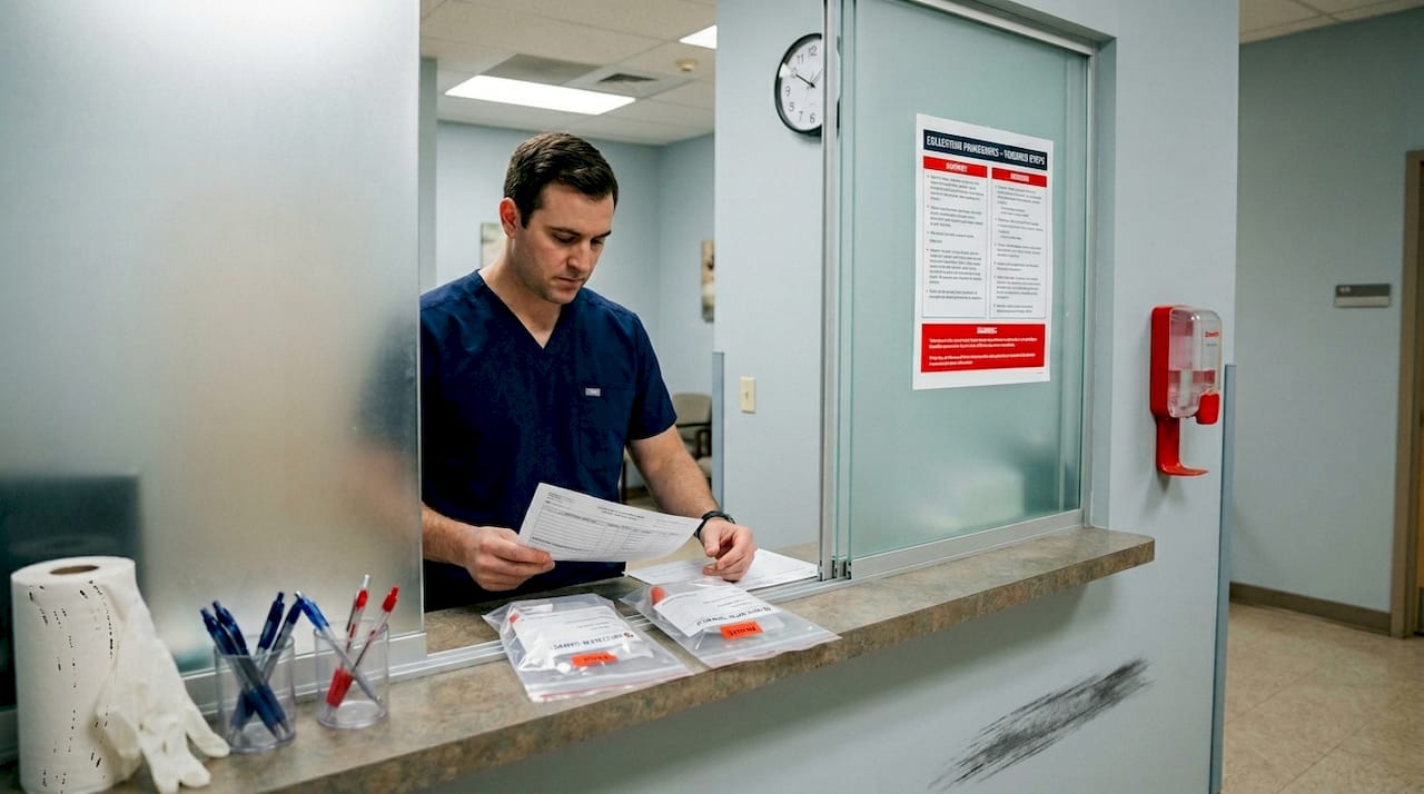 Clinic staff verifying specimen drop-off documentation