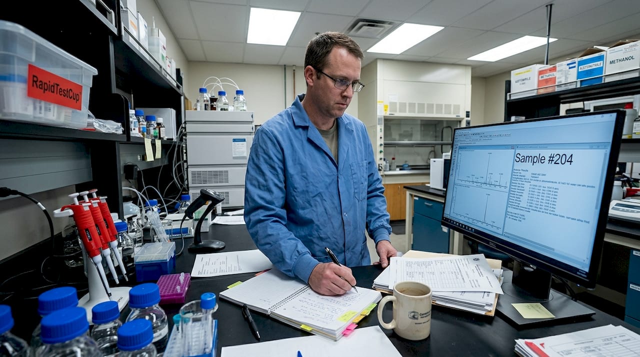 Forensic scientist documents confirmation steps in lab