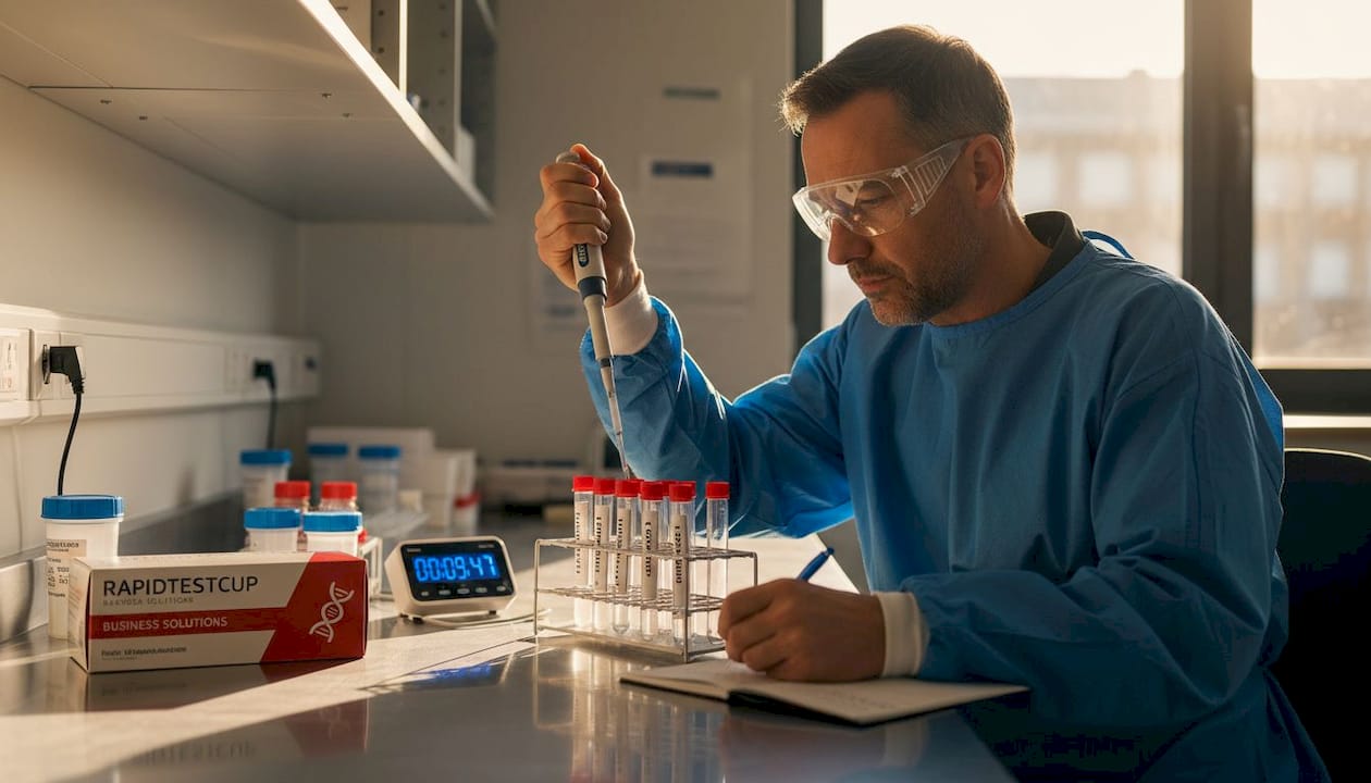 Lab technician pipetting and checking workflow
