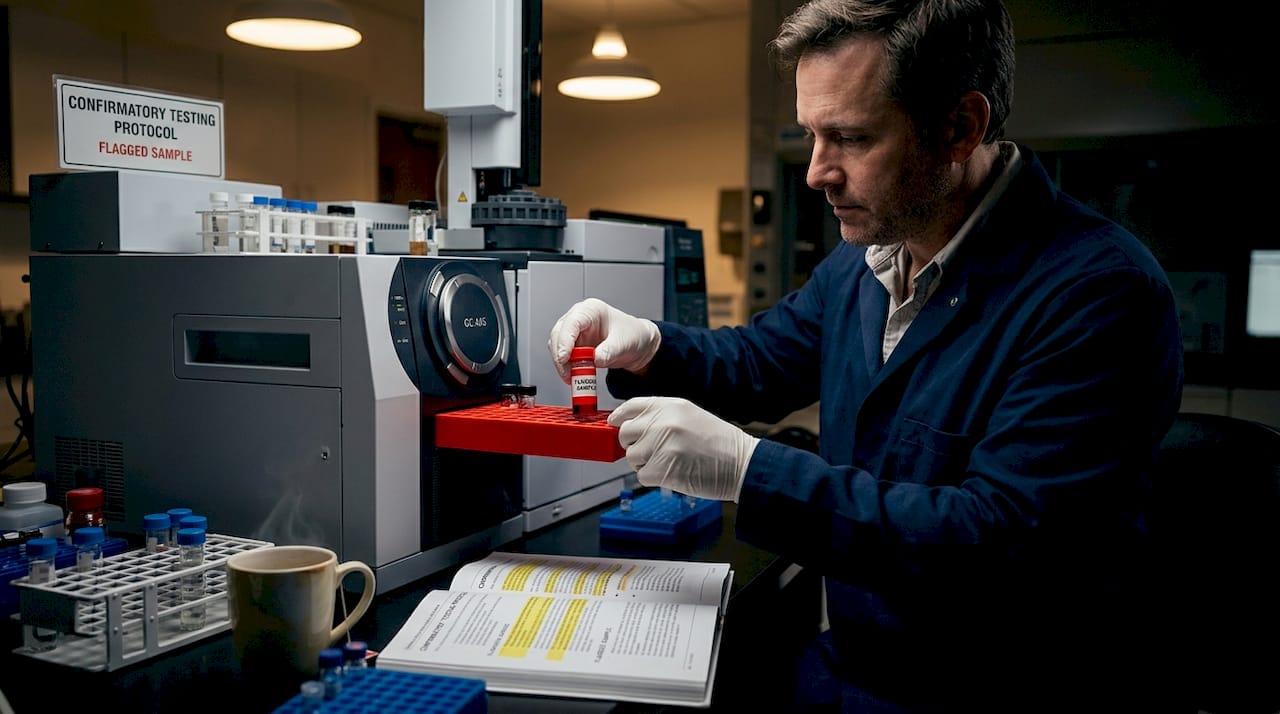 Chemist prepares GC-MS for confirmatory analysis