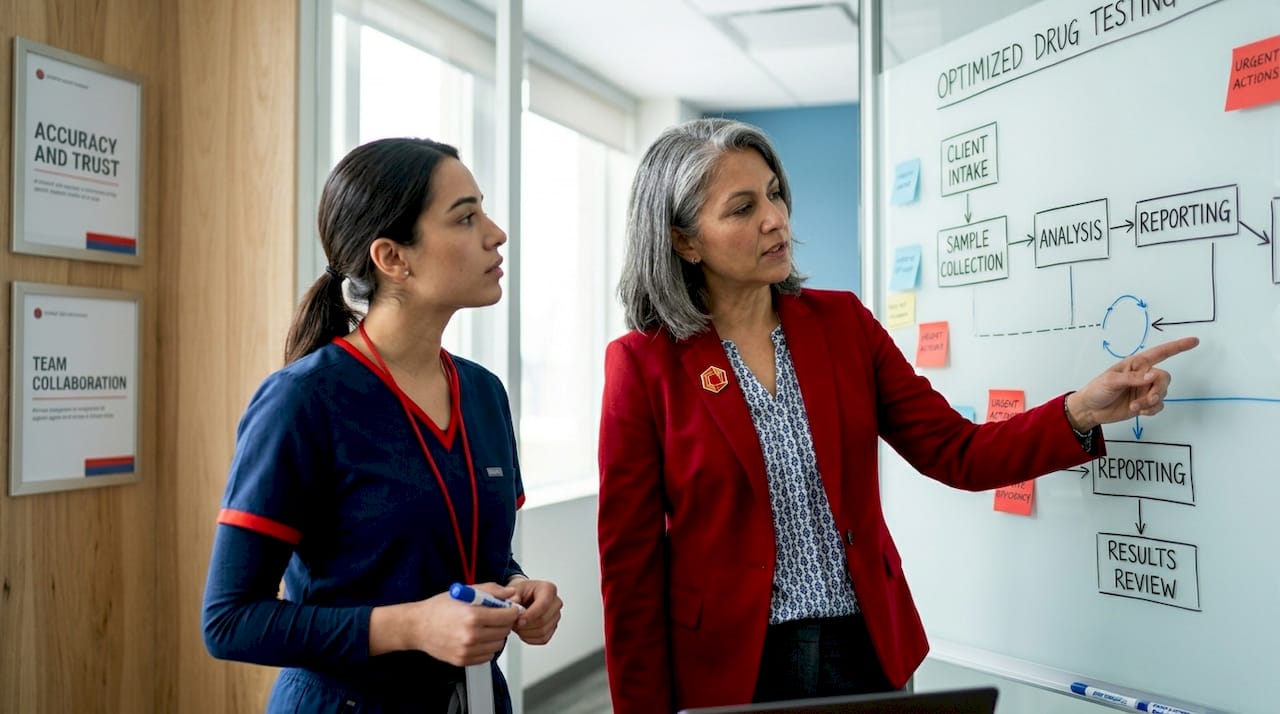 Treatment center staff reviewing workflow diagram