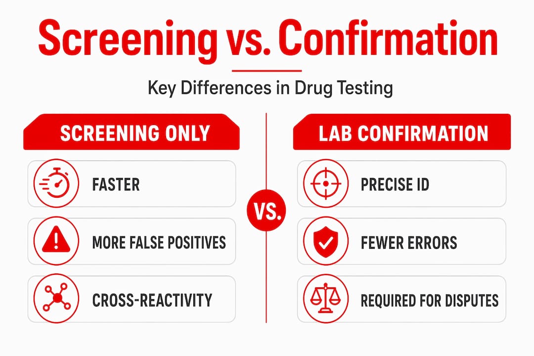 Infographic comparing screening and lab confirmation in drug testing