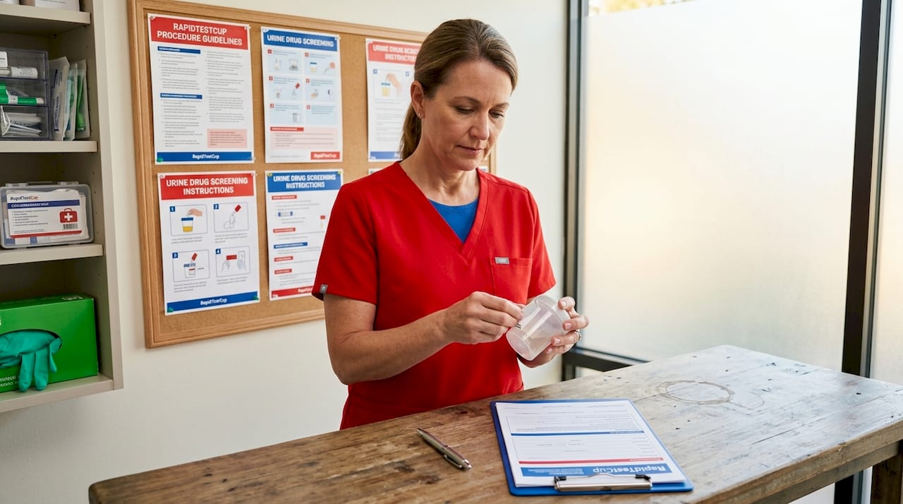 Clinic technician handling urine drug test kit