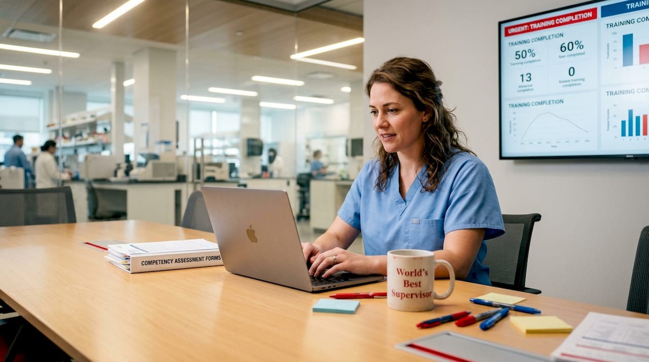 Lab supervisor completing staff competency records
