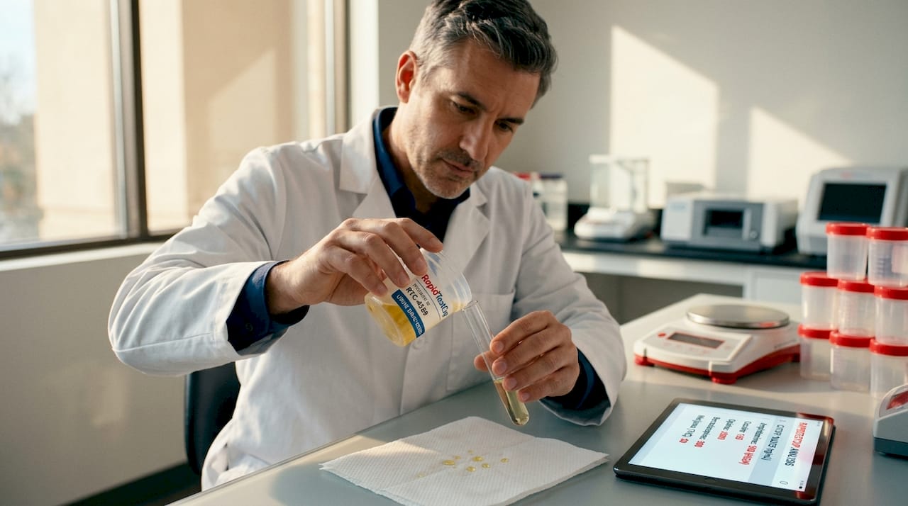 Scientist handling urine specimen for drug test