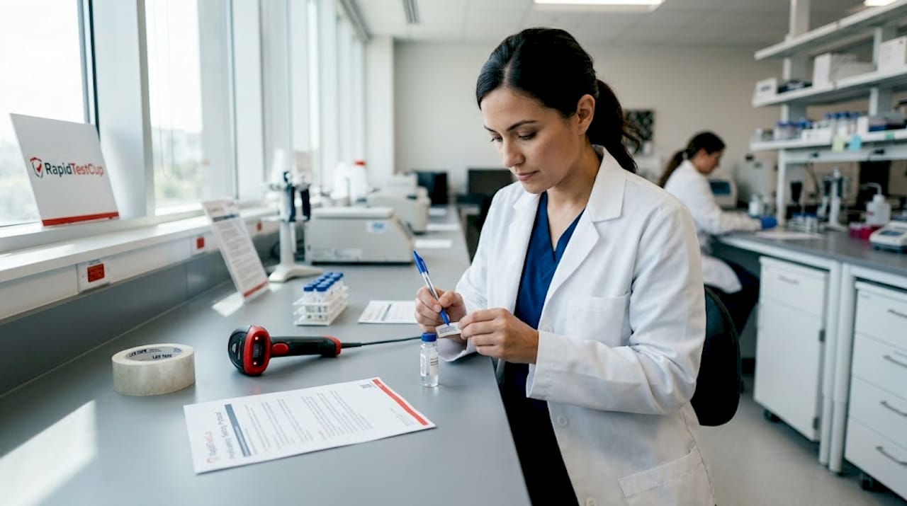 Lab technician labeling proficiency testing vial