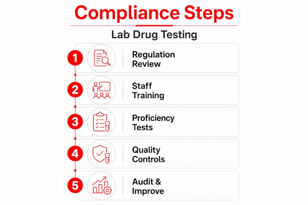 Infographic showing five steps to testing compliance