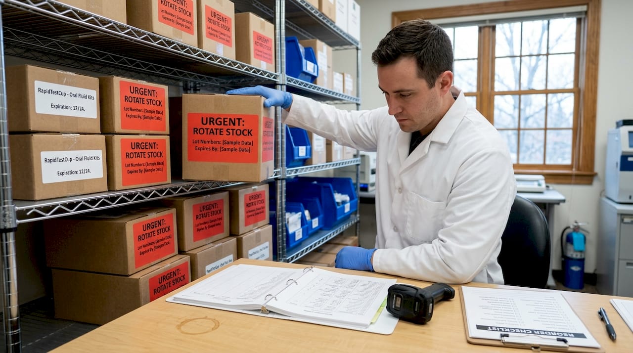 Technician manages expiration-dated lab supplies