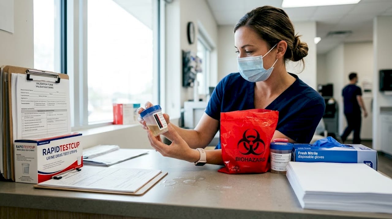 Assistant validating specimen at clinic window