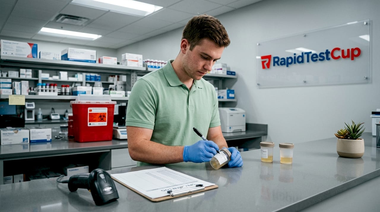 Lab technician labeling urine specimen cup