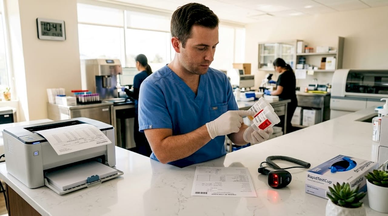 Lab technician verifying specimen containers and paperwork