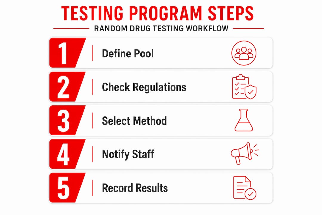 Infographic with five steps in random drug testing workflow