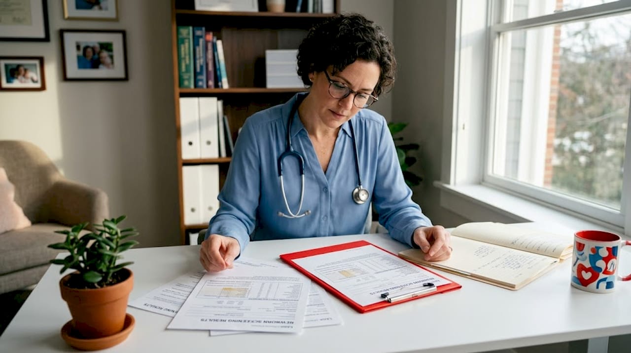 Doctor reviewing newborn screening results paperwork