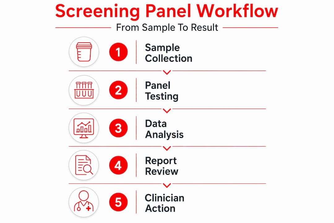 Infographic showing drug screening panel workflow steps