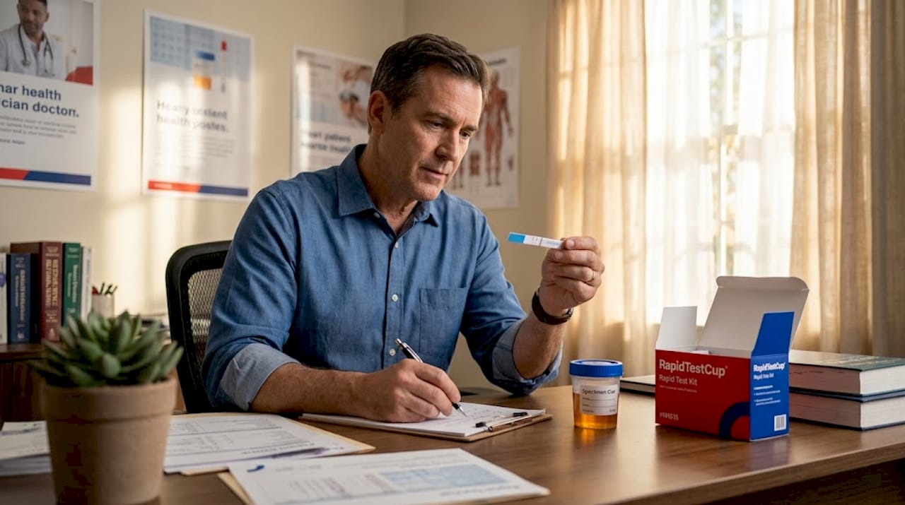 Physician reviews rapid test in clinic office