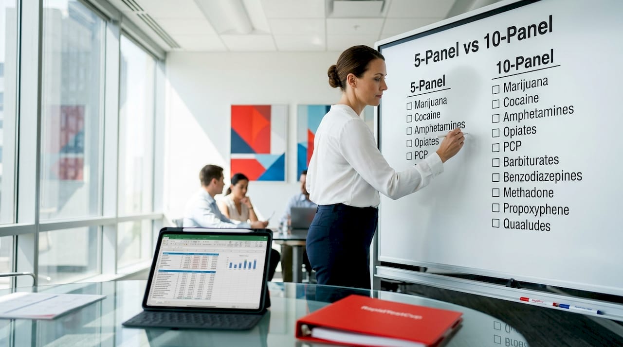Compliance officer comparing drug testing options on whiteboard