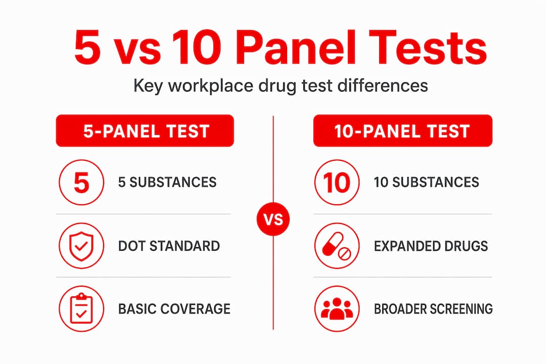 Infographic comparing 5-panel and 10-panel drug tests