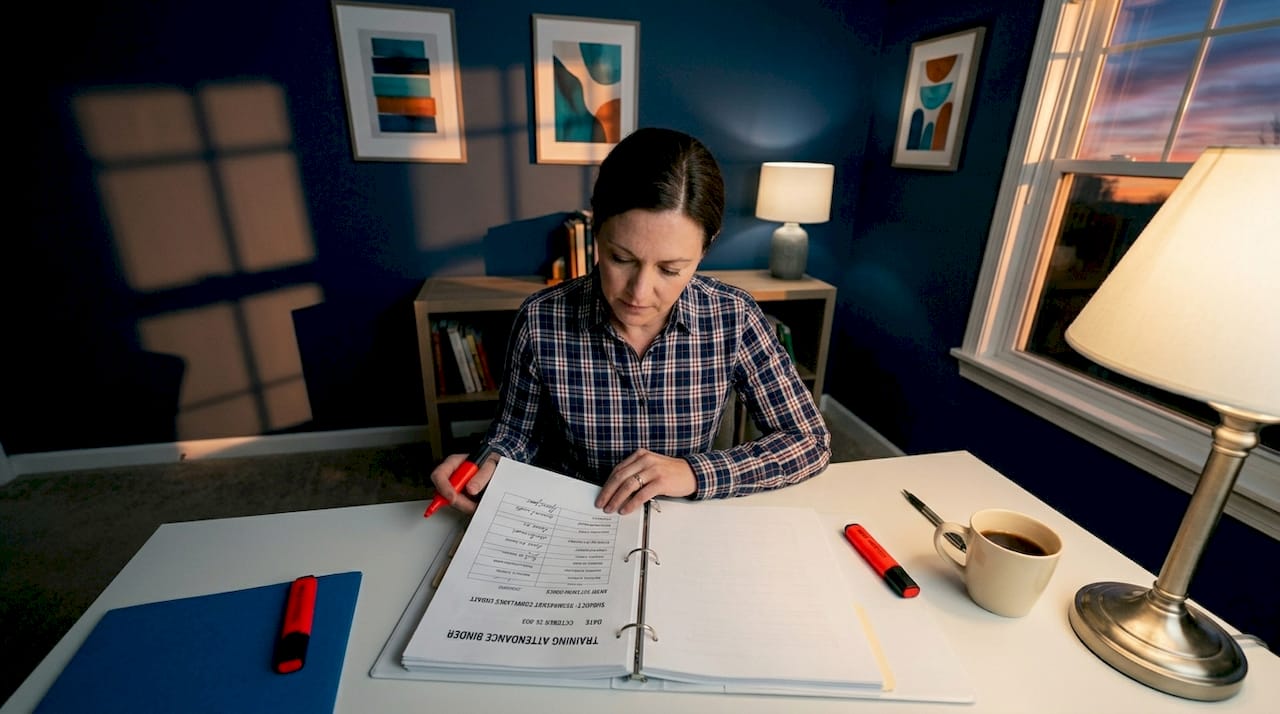 Compliance officer reviews binder of training records