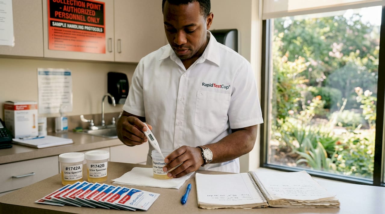 Assistant checking urine specimen temperature at clinic
