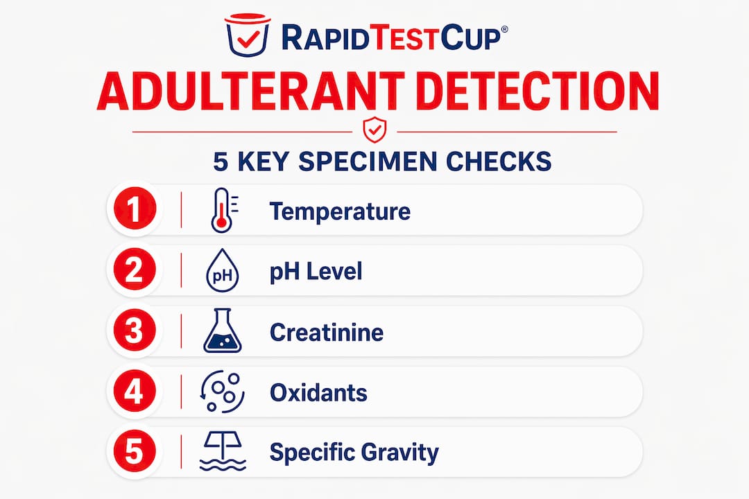 Infographic listing five specimen adulterant detection checks