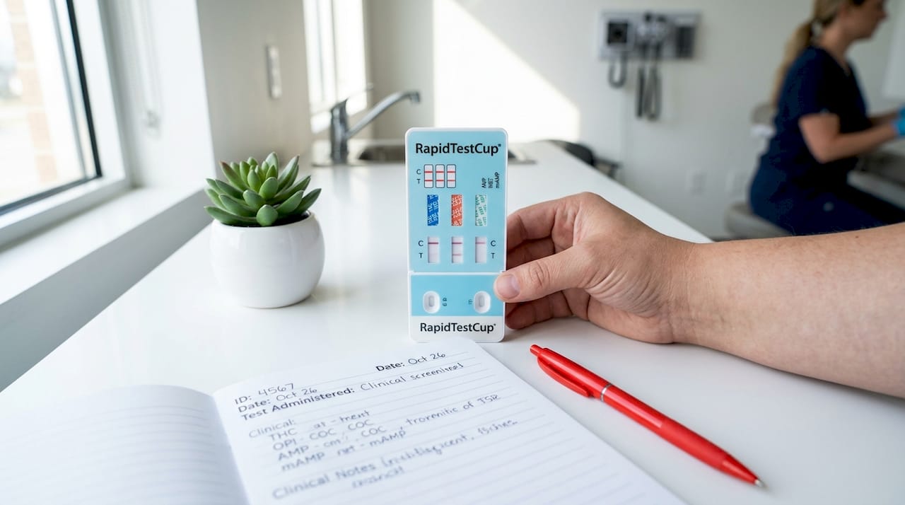 Handheld drug screening cup showing test lines